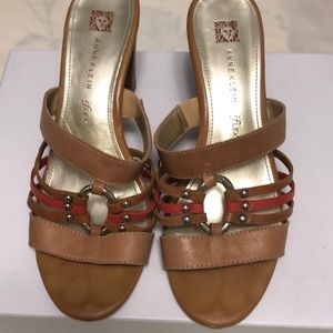 Anne Klein tan and red colored slide on heeled sandal, size 8M.